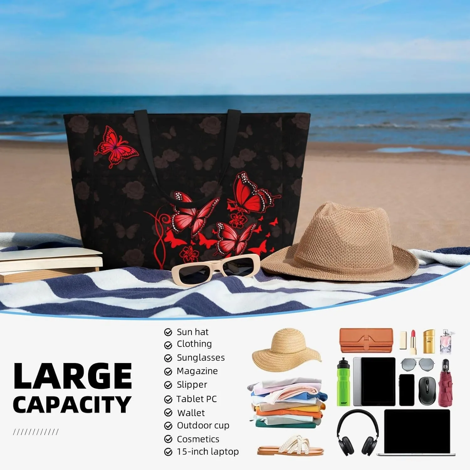 CHAOS MONKEY Women Large Beach Bag Sandproof Waterproof Travel Weekender Foldable Tote Bag for Pool Vacation Gym