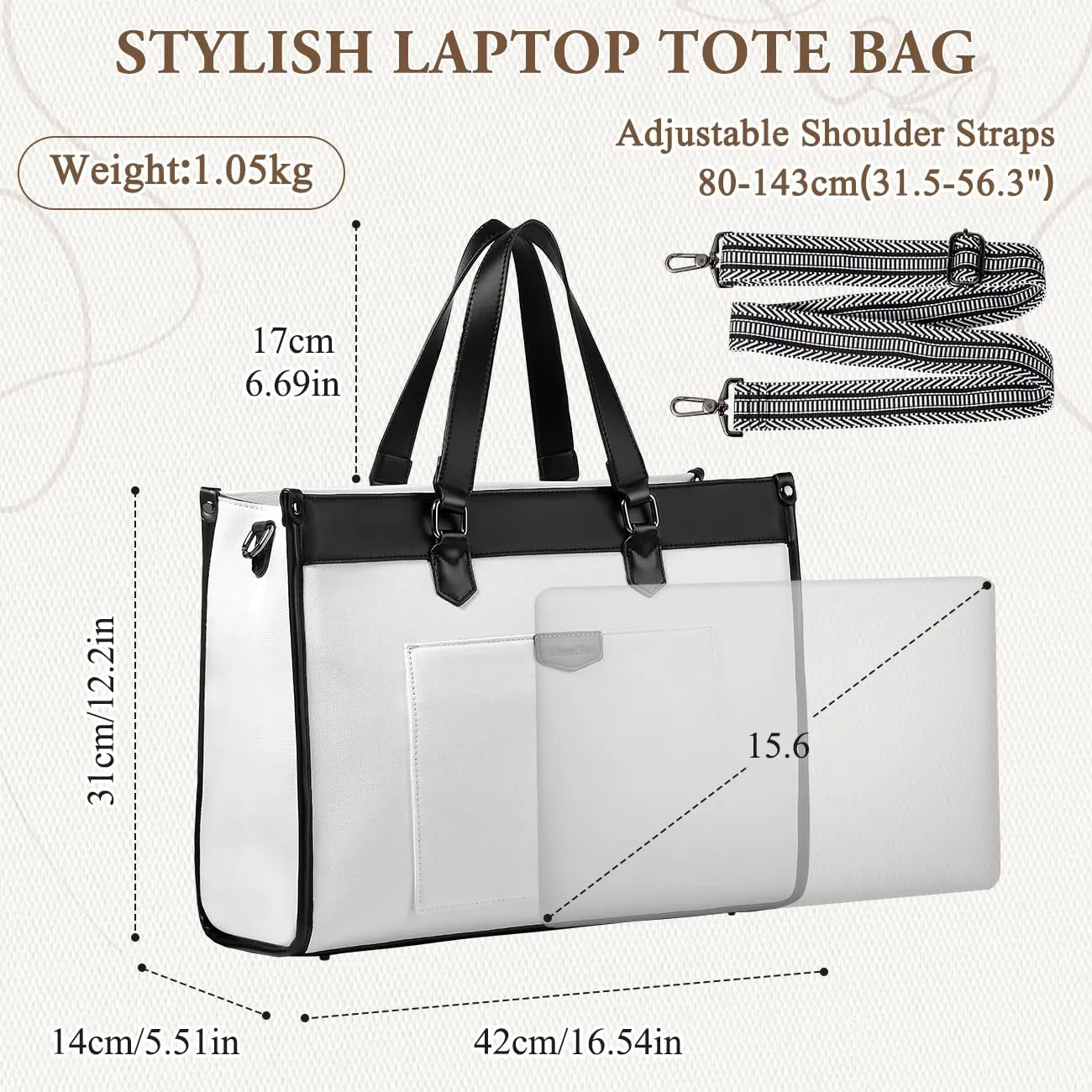 Chase Chic Laptop Bag for Women, Canvas Tote Bag for Work Lady 15.6 Inch Computer Shoulder Bag for College,Office