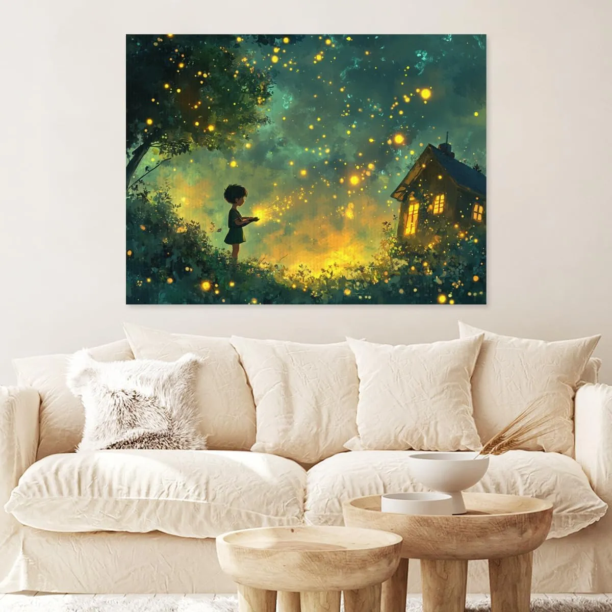 CHECRCEQOil Painting Wall Decor Framed Canvas ArtChild chasing fireflies Suitable for decorating bedrooms living rooms kitchens corridors bathrooms and dorm