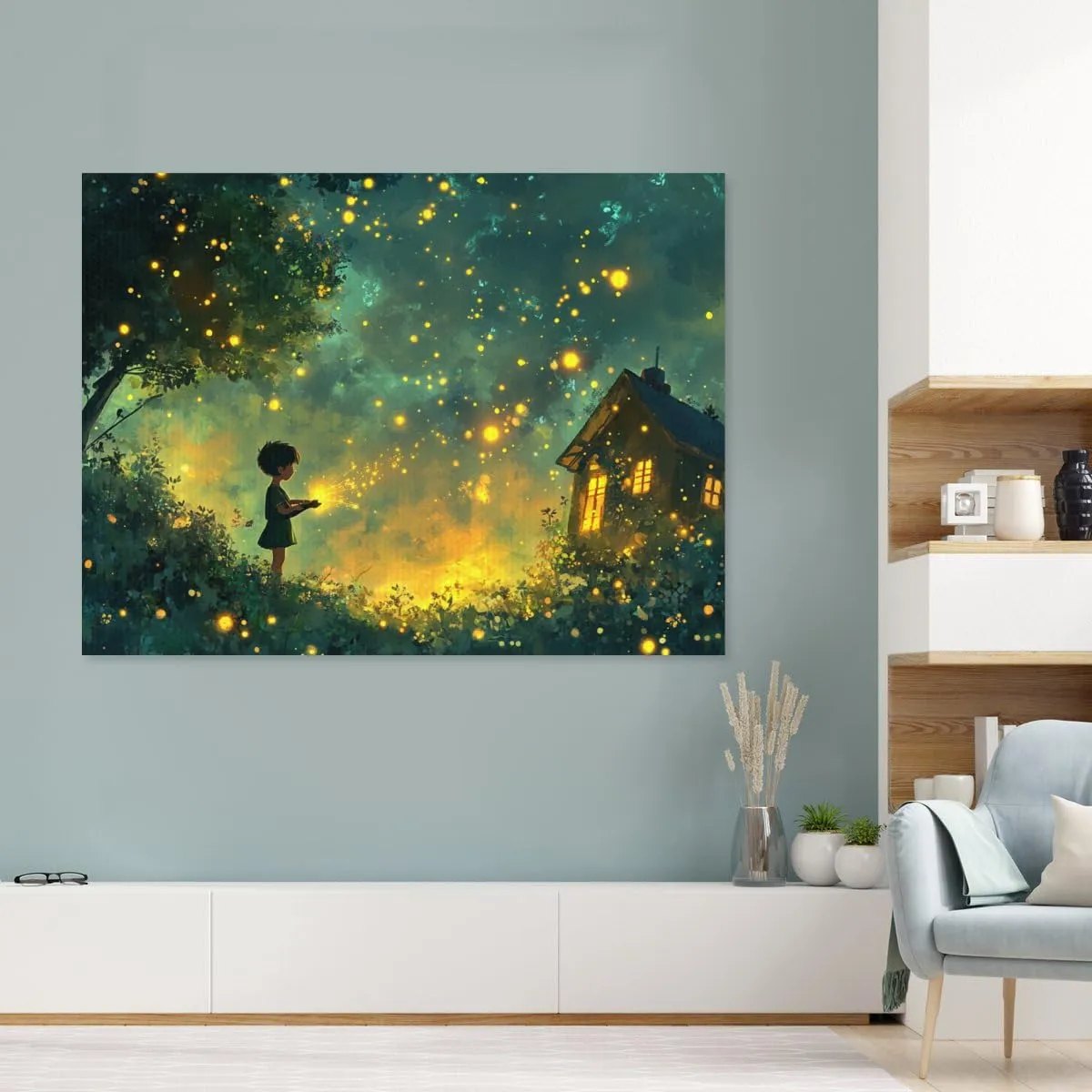 CHECRCEQOil Painting Wall Decor Framed Canvas ArtChild chasing fireflies Suitable for decorating bedrooms living rooms kitchens corridors bathrooms and dorm