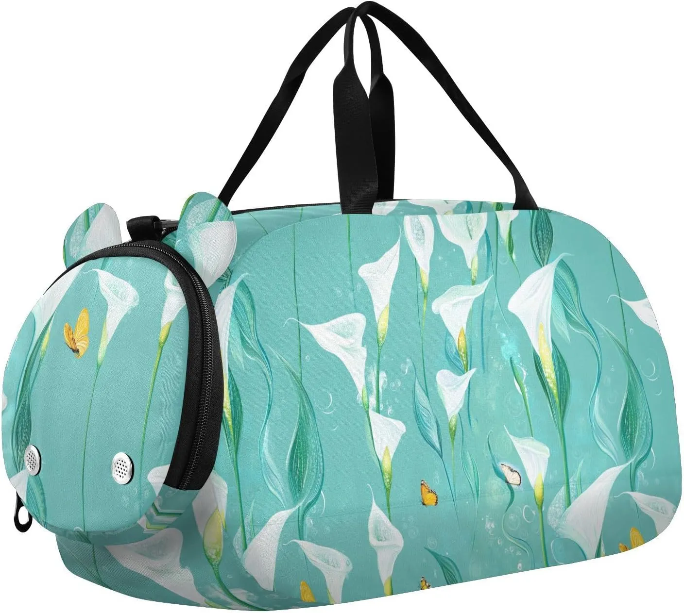 Chic Calla Lily Turquoise Flowers Kids Duffel Bag with Shoes Compartment Large Capacity Kids Overnight Duffel Bag for Travel, Swimming, Dance, Ballet