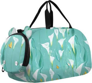 Chic Calla Lily Turquoise Flowers Kids Duffel Bag with Shoes Compartment Large Capacity Kids Overnight Duffel Bag for Travel, Swimming, Dance, Ballet
