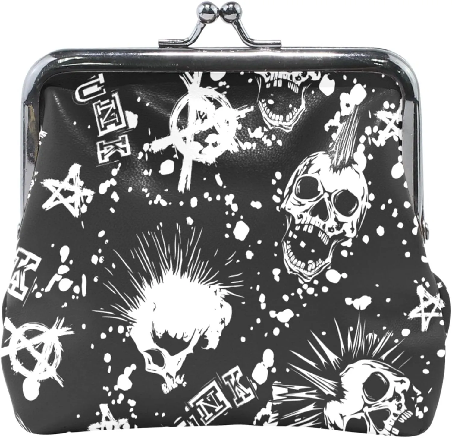 Chic Punk Skull Rock Black Coin Purse for Men Women Leather Kiss Lock Buckle Card Change Purse Wallet