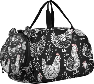 Chicks Animals Black White Sports Duffle Bag for Kids Girls Boys, Gym Bag with Shoe Compartments, Kids Travel Overnight Weekender Shoulder Bag