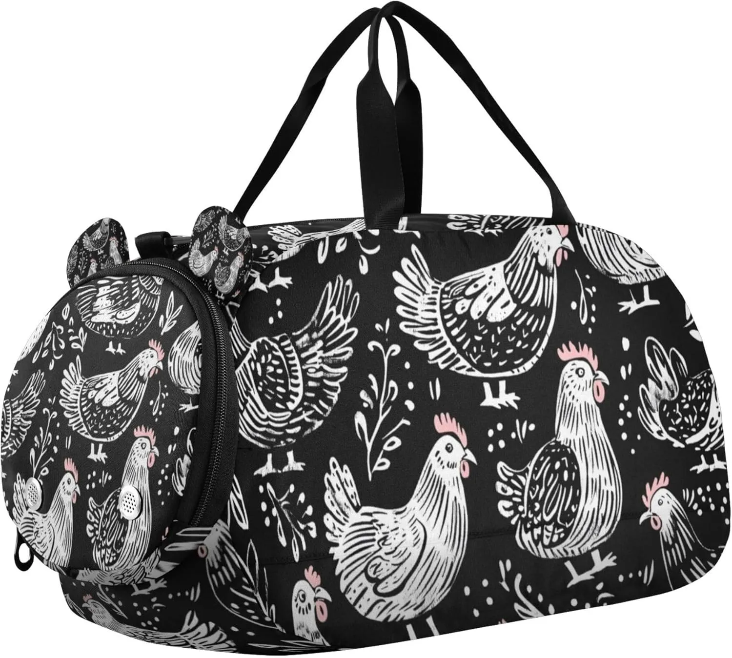 Chicks Animals Black White Sports Duffle Bag for Kids Girls Boys, Gym Bag with Shoe Compartments, Kids Travel Overnight Weekender Shoulder Bag