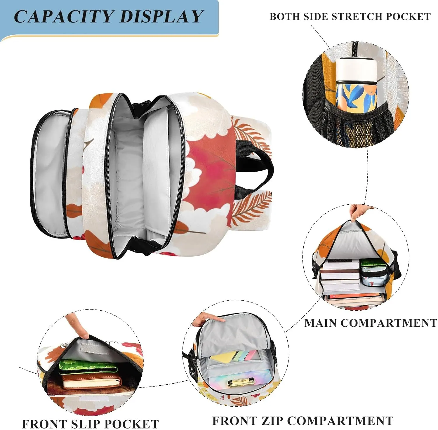CHIFIGNO Personalized Kids Backpack Autumn Leafs Red Berry, Customized Backpack School, Multi Pocket Reflective Trim