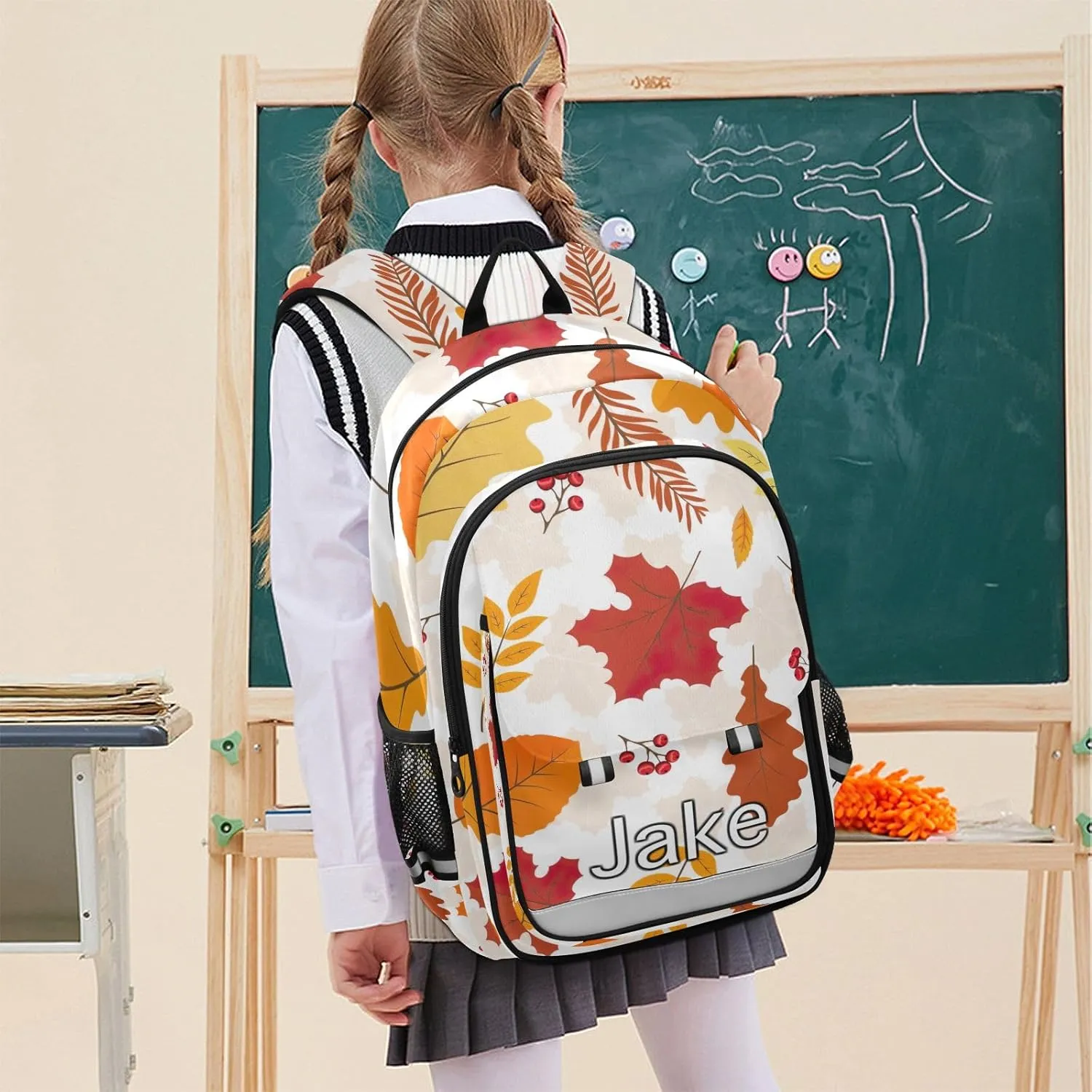 CHIFIGNO Personalized Kids Backpack Autumn Leafs Red Berry, Customized Backpack School, Multi Pocket Reflective Trim