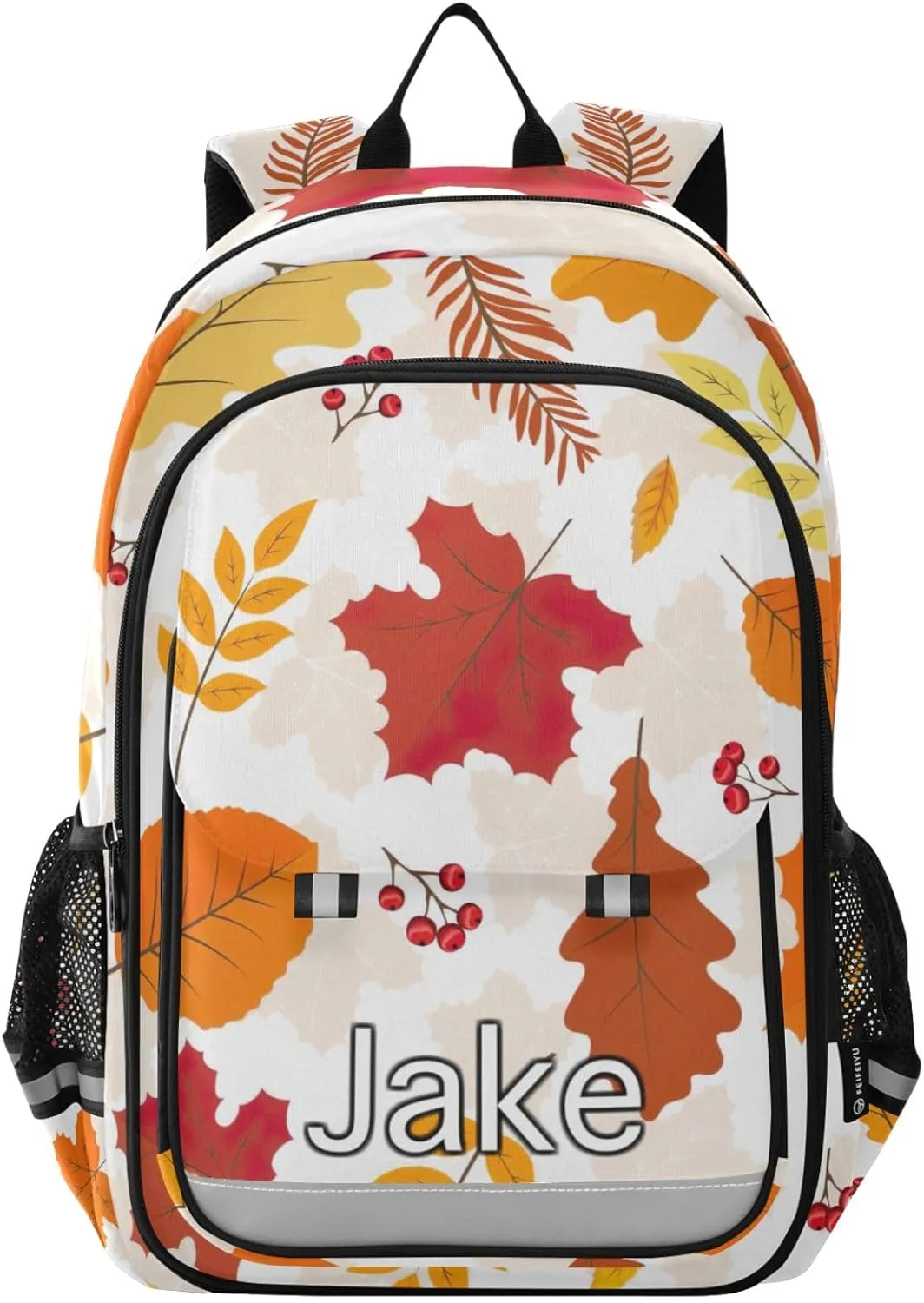 CHIFIGNO Personalized Kids Backpack Autumn Leafs Red Berry, Customized Backpack School, Multi Pocket Reflective Trim