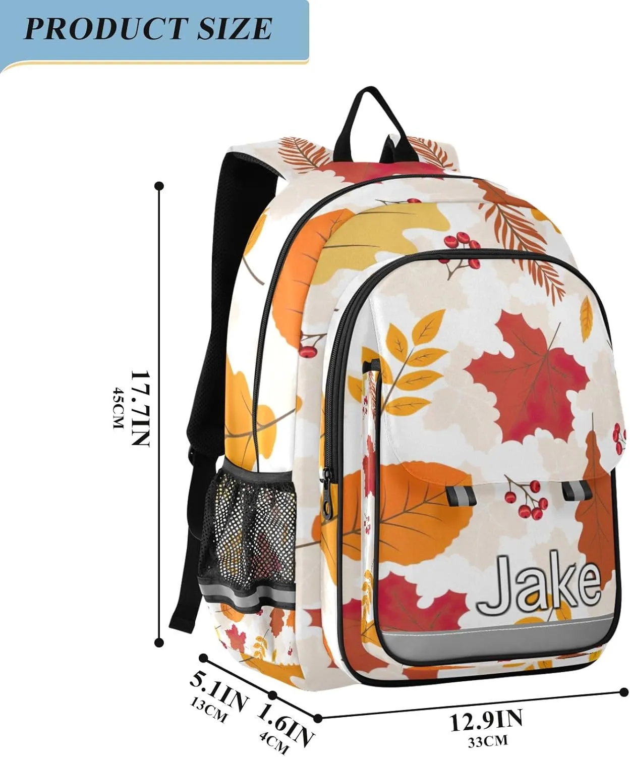 CHIFIGNO Personalized Kids Backpack Autumn Leafs Red Berry, Customized Backpack School, Multi Pocket Reflective Trim