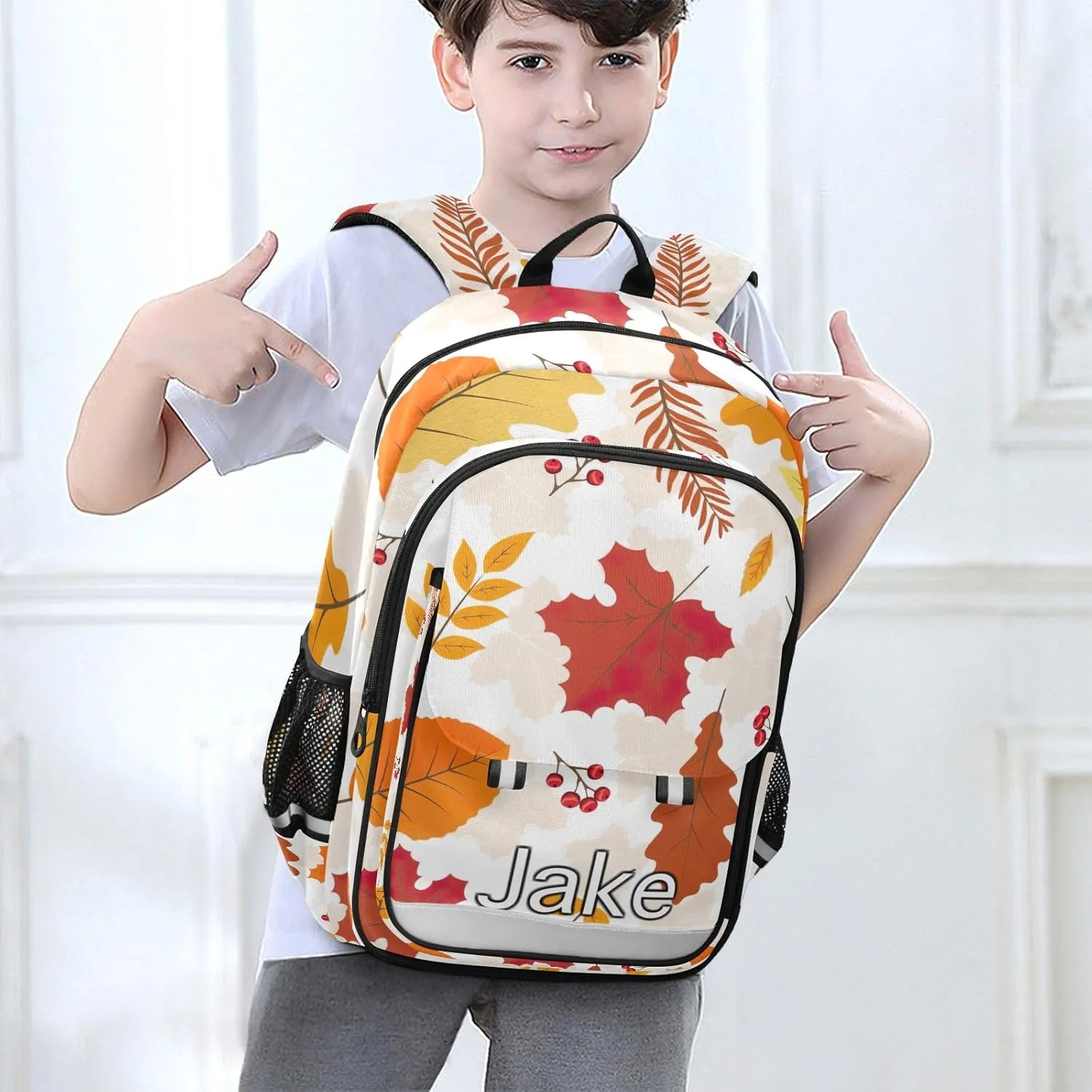 CHIFIGNO Personalized Kids Backpack Autumn Leafs Red Berry, Customized Backpack School, Multi Pocket Reflective Trim
