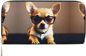 Chihuahua Dog Glasses 1 Print Women Wallet Trendy Travel-Friendly 7.9X3.9in Casual Clutch Purse Gift for Ladies