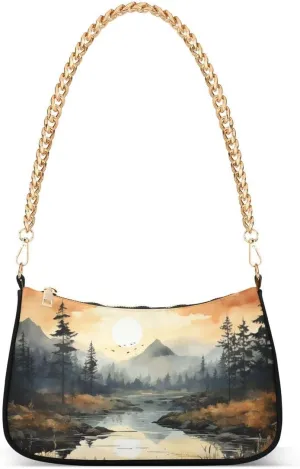 Chinese Oil Painting Mountain Artwork Tote Bag Hobo Handbag for Women Ladies Shoulder Bag Mini Clutch Purse with Zipper Closure