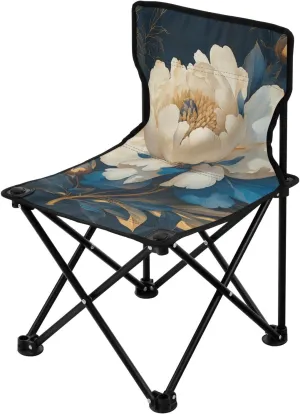 Chinese Style Blue White Peony Flower Golden Details Collapsible Camping Chairs for Adults Lightweight Portable Chair Carry Bag Included Outdoor Chairs for Outside Camp