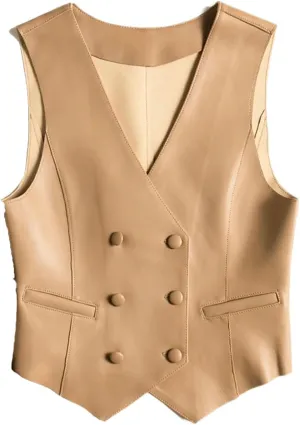 Classic Women Real Leather Double-Breasted V-neck Vest British Elegant Handsome Knight Style Gilet Female Waistcoat