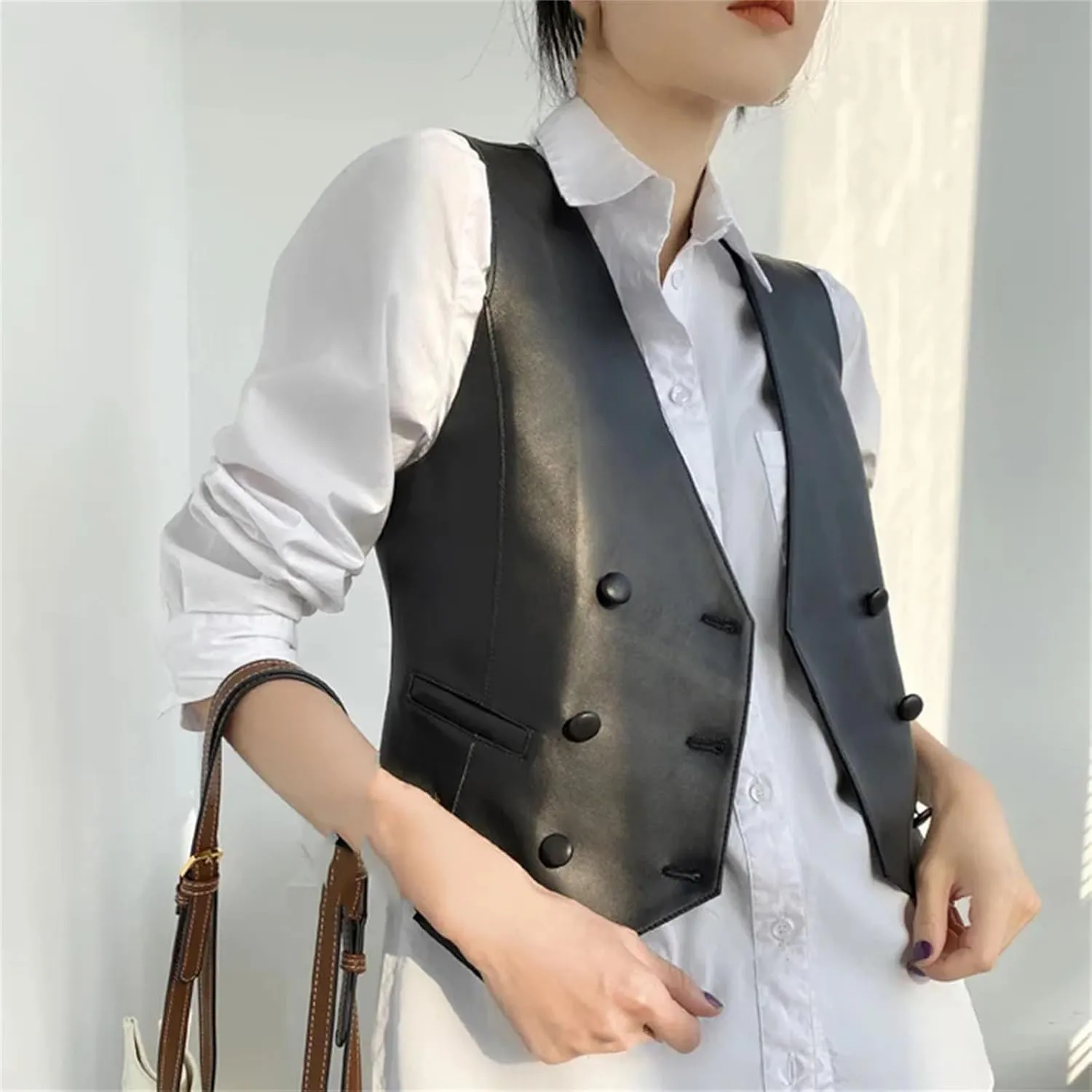 Classic Women Real Leather Double-Breasted V-neck Vest British Elegant Handsome Knight Style Gilet Female Waistcoat