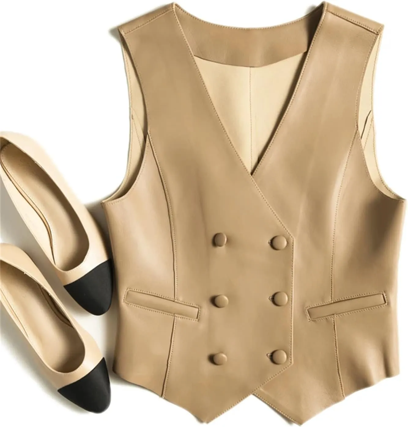 Classic Women Real Leather Double-Breasted V-neck Vest British Elegant Handsome Knight Style Gilet Female Waistcoat