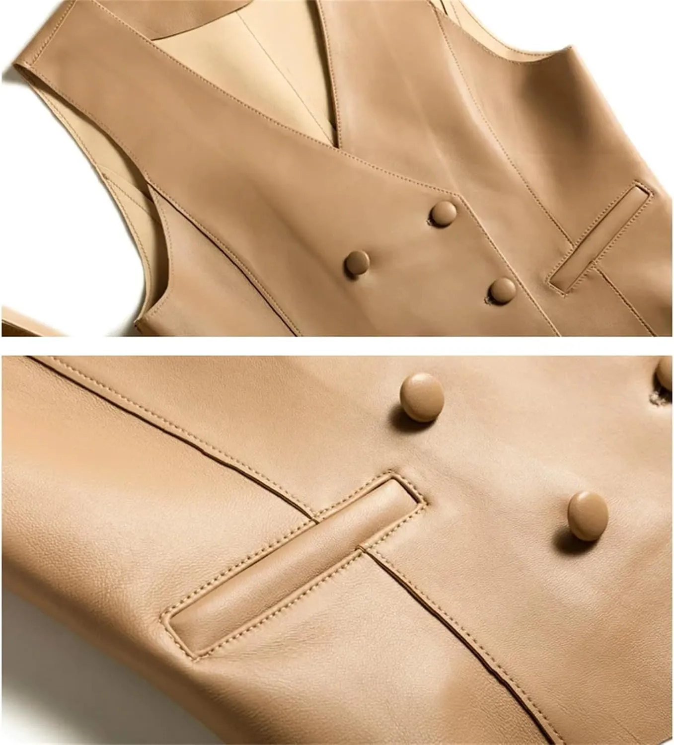 Classic Women Real Leather Double-Breasted V-neck Vest British Elegant Handsome Knight Style Gilet Female Waistcoat