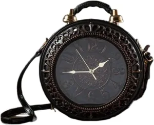 Clock Purse, Real Working Clock Handbags,PU Leather Retro Shoulder Bag for Women Vintage Shoulderbags Handbag (Color : Black, Size : 12 * 5 * 14.5IN)