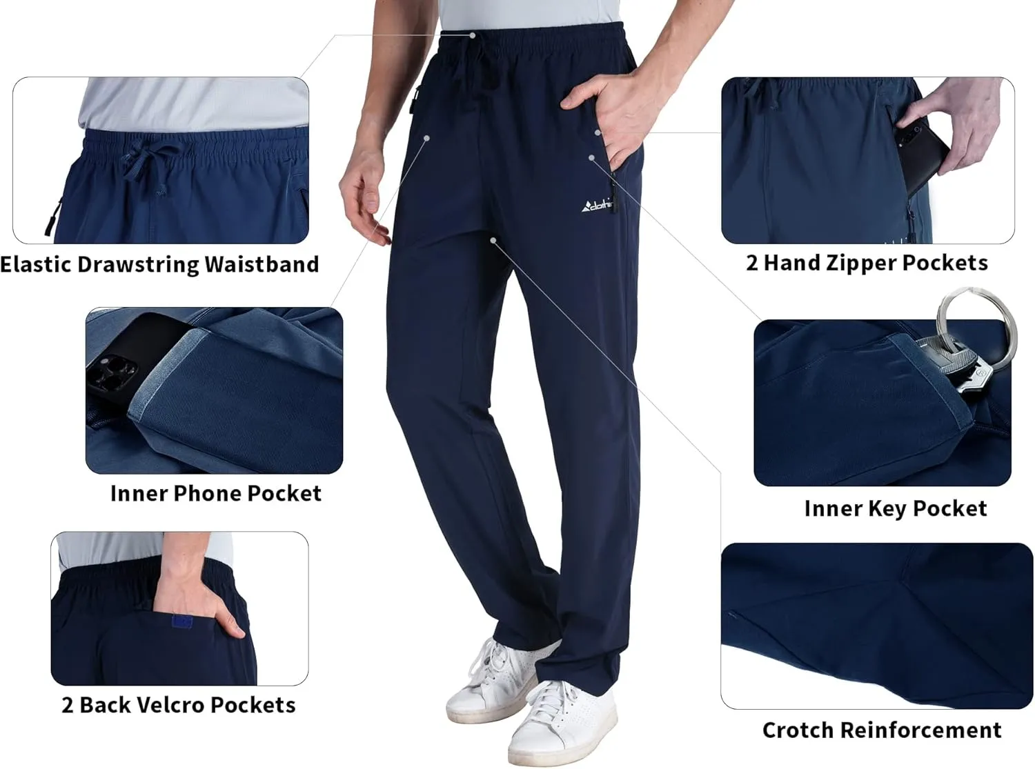 clothin Men's Lightweight Elastic Waist Pants Drawstring Athletic Sweatpants with Zipper Pockets for Hiking Casual Travel