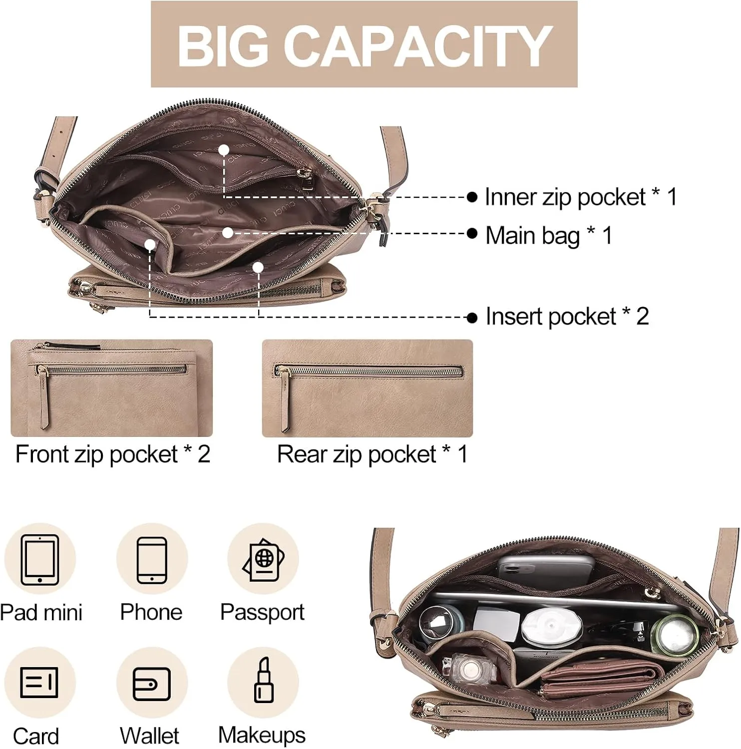 CLUCI Crossbody Purse for Women Multi Pockets Bag Vegan Leather Small Shoulder Handbags Summer Travel Designer Vintage Ladies