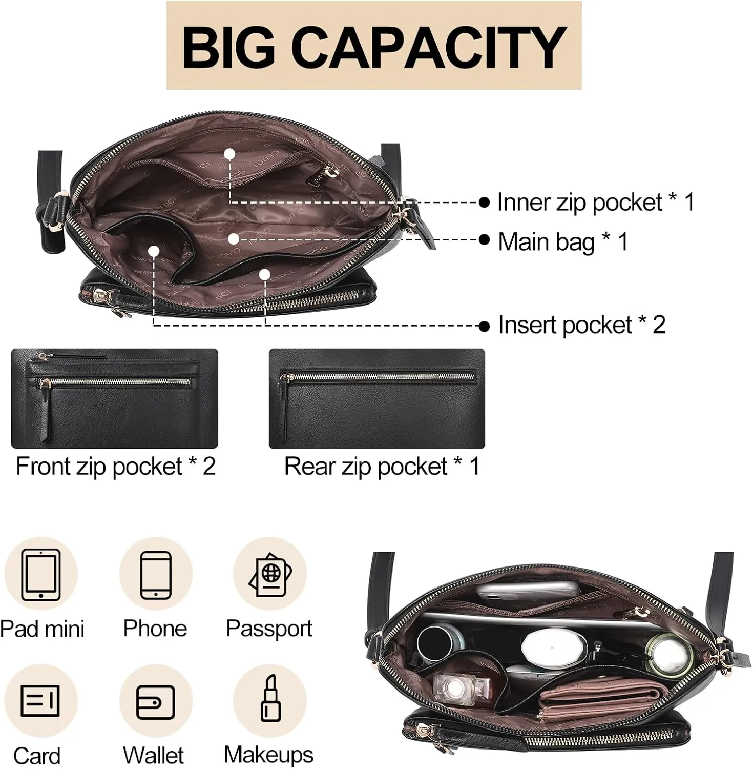 CLUCI Crossbody Purse for Women Multi Pockets Bag Vegan Leather Small Shoulder Handbags Summer Travel Designer Vintage Ladies