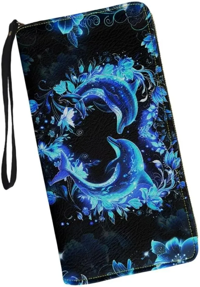 Coldinair Blue Dolphins Wallets for Women PU Leather Credit Card Holder Floral RFID Blocking ID Card Purse Long Handbag Large Capacity Wristlet Pouch