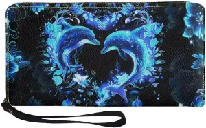 Coldinair Blue Dolphins Wallets for Women PU Leather Credit Card Holder Floral RFID Blocking ID Card Purse Long Handbag Large Capacity Wristlet Pouch