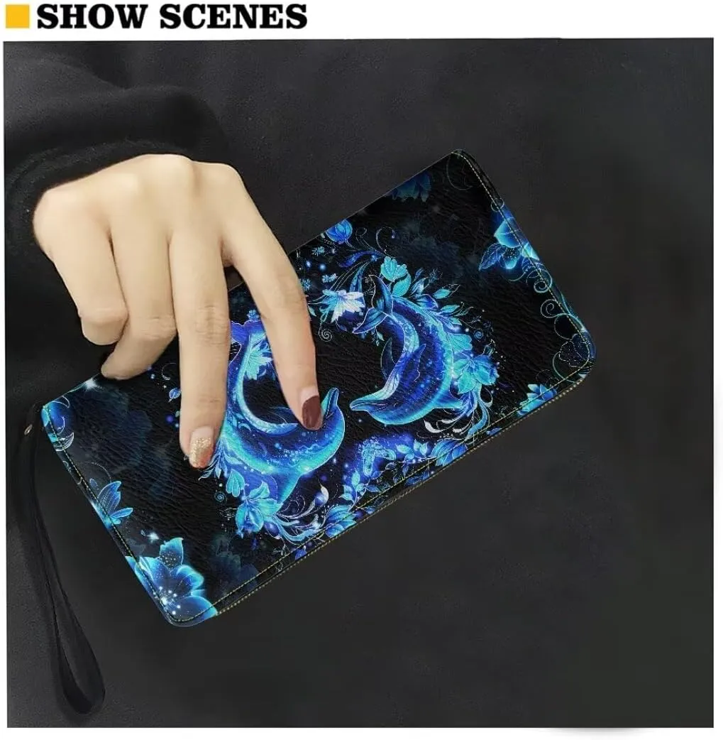 Coldinair Blue Dolphins Wallets for Women PU Leather Credit Card Holder Floral RFID Blocking ID Card Purse Long Handbag Large Capacity Wristlet Pouch