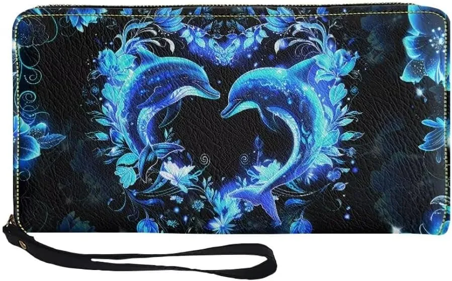 Coldinair Blue Dolphins Wallets for Women PU Leather Credit Card Holder Floral RFID Blocking ID Card Purse Long Handbag Large Capacity Wristlet Pouch