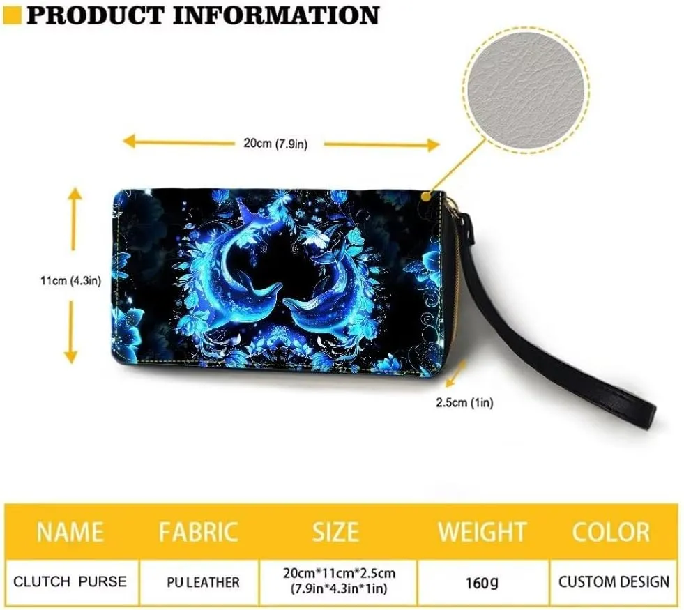 Coldinair Blue Dolphins Wallets for Women PU Leather Credit Card Holder Floral RFID Blocking ID Card Purse Long Handbag Large Capacity Wristlet Pouch