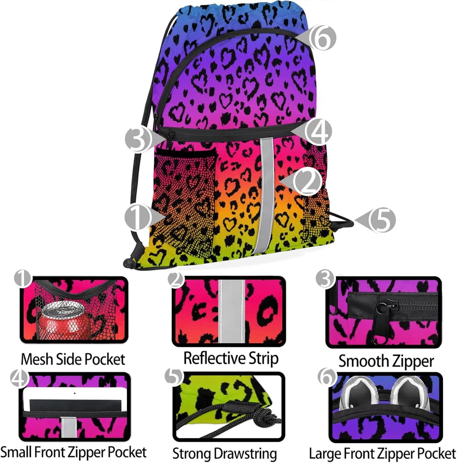 Colored Leopard Print Drawstring Backpack String Bag, Waterproof Sports Gym Swim Sackpack with Mesh Pocket for Men Women