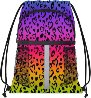 Colored Leopard Print Drawstring Backpack String Bag, Waterproof Sports Gym Swim Sackpack with Mesh Pocket for Men Women
