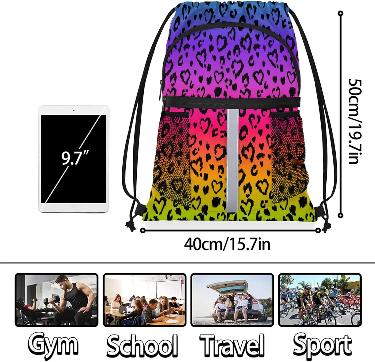 Colored Leopard Print Drawstring Backpack String Bag, Waterproof Sports Gym Swim Sackpack with Mesh Pocket for Men Women