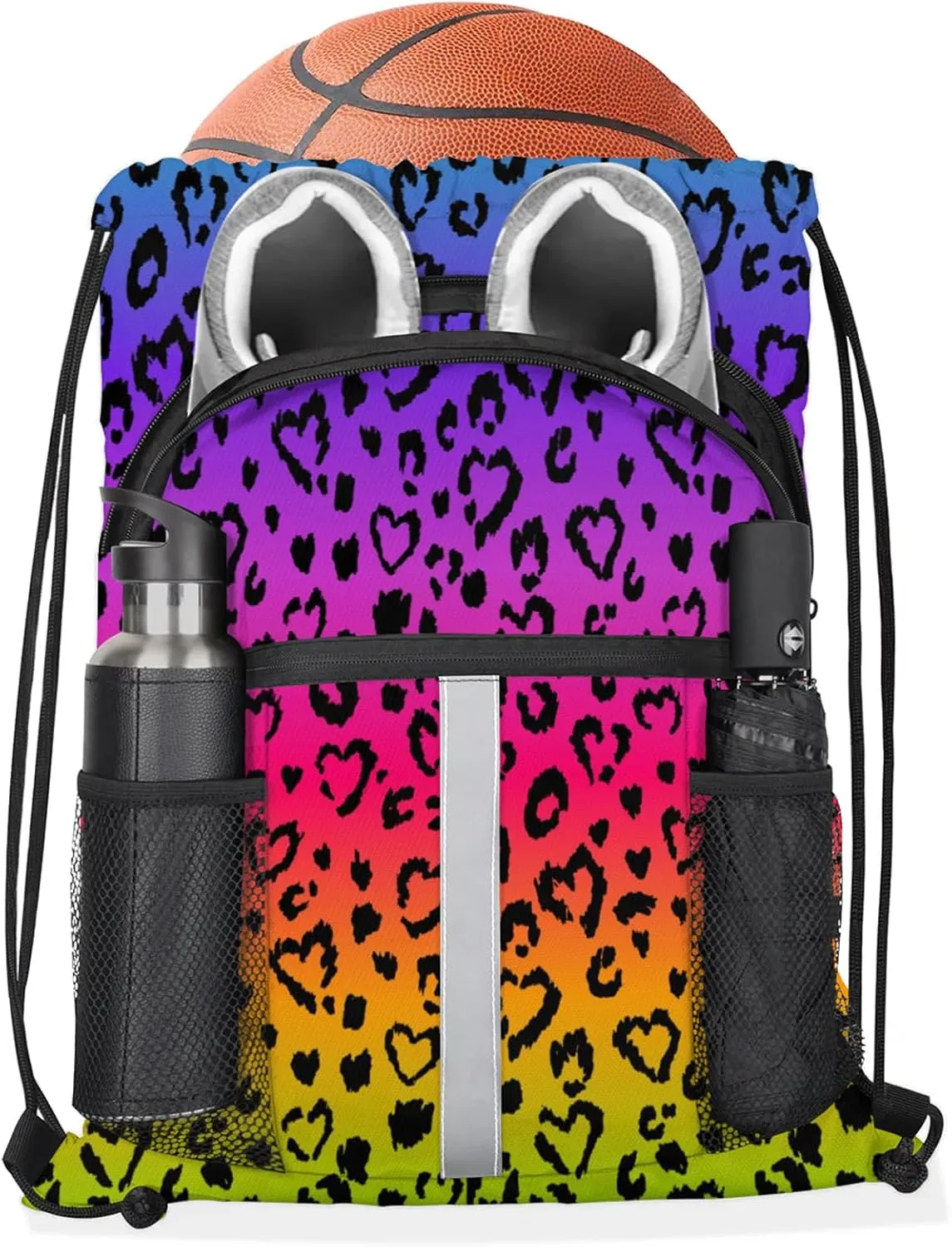 Colored Leopard Print Drawstring Backpack String Bag, Waterproof Sports Gym Swim Sackpack with Mesh Pocket for Men Women