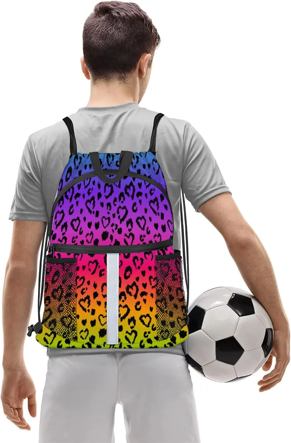Colored Leopard Print Drawstring Backpack String Bag, Waterproof Sports Gym Swim Sackpack with Mesh Pocket for Men Women