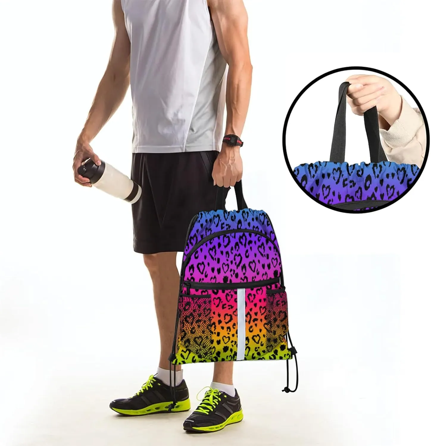 Colored Leopard Print Drawstring Backpack String Bag, Waterproof Sports Gym Swim Sackpack with Mesh Pocket for Men Women