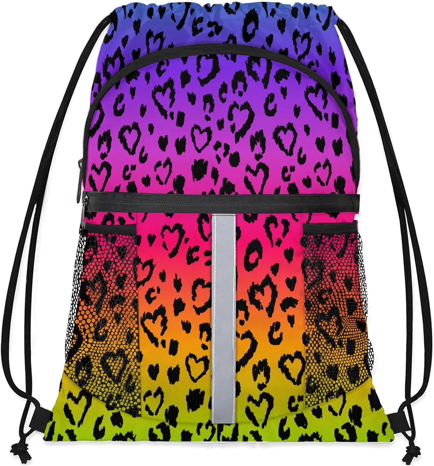 Colored Leopard Print Drawstring Backpack String Bag, Waterproof Sports Gym Swim Sackpack with Mesh Pocket for Men Women
