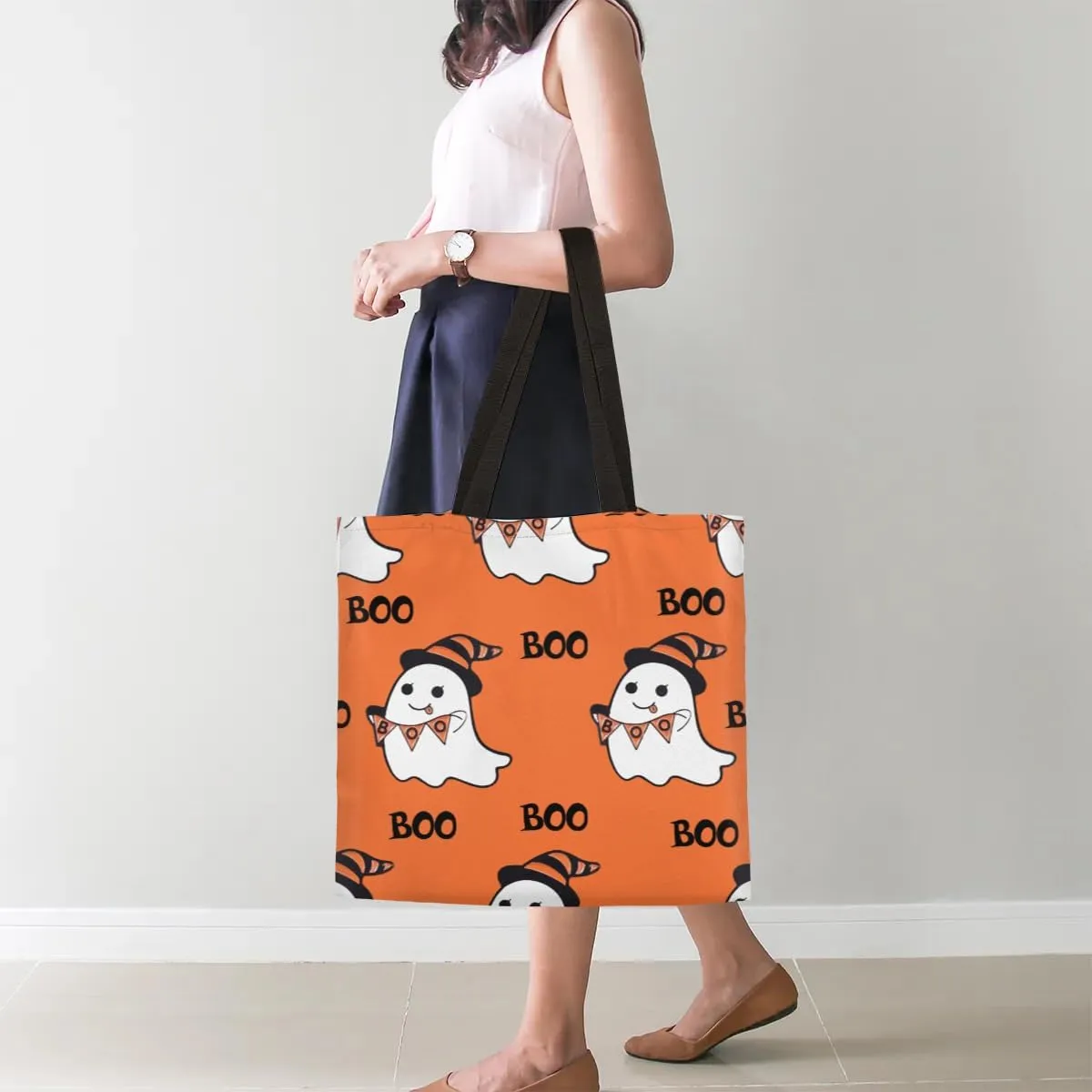 Colorful Ghosts in the Halloween Forest Canvas Tote Bag for Women Men Stylish Tote Handbag Shoulder