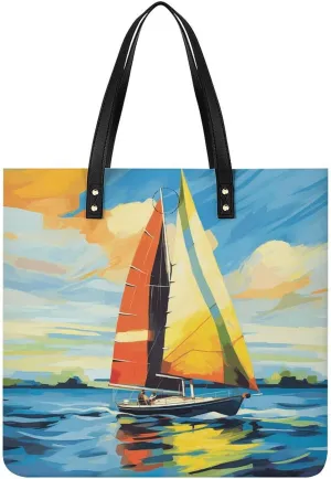 Colorful Sail Boat Large Leather Handbags Women Fashion Handbag Multifunctional Travel Bag It Is A Great Gift for Mothers, Teachers, Friends, Bridesmaids