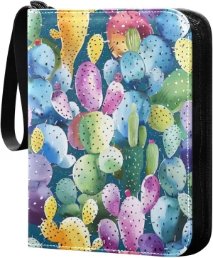Colorful Watercolor Cactus Card Binder, 400 Pockets Card Holder with 50 Sleeves, Sturdy Card Holder Folders for Game Cards & Sports Cards