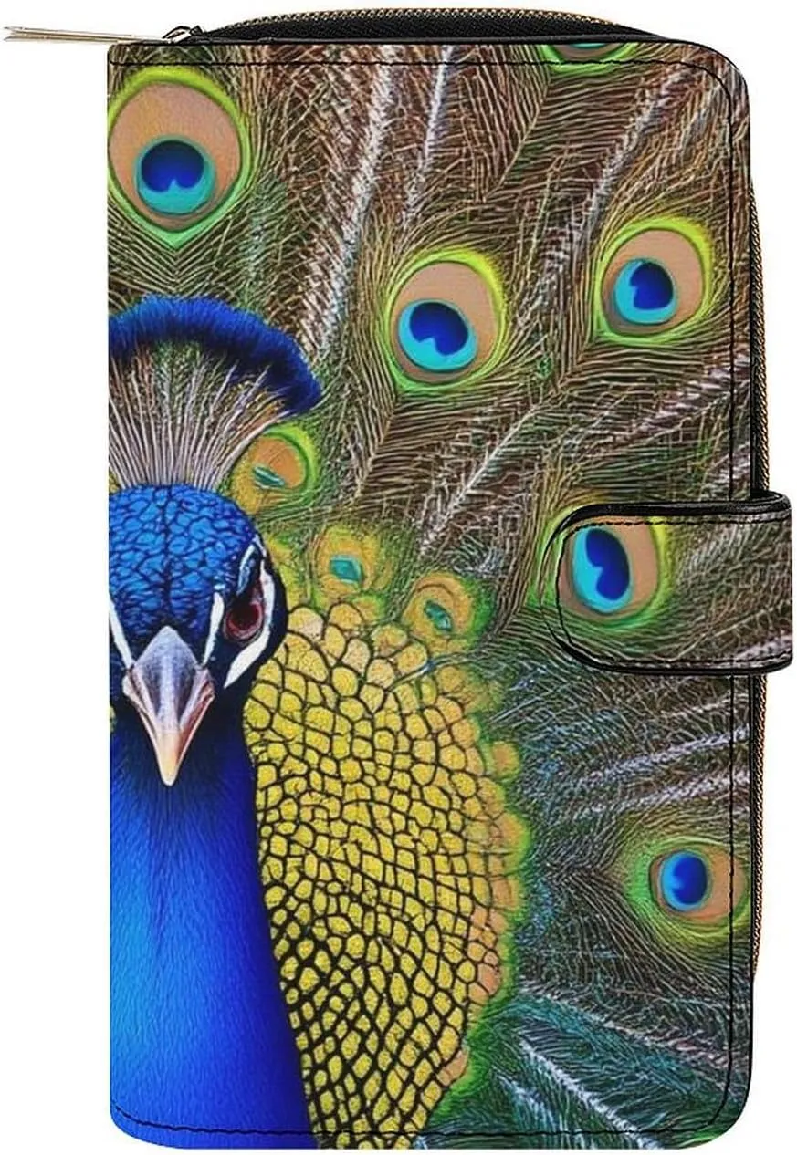 Compact Leather Wallet Organizer with 12 Card Pockets, Large Capacity Wallets, Peacock Feather Portable Multi-Functional Wallet for Daily Use