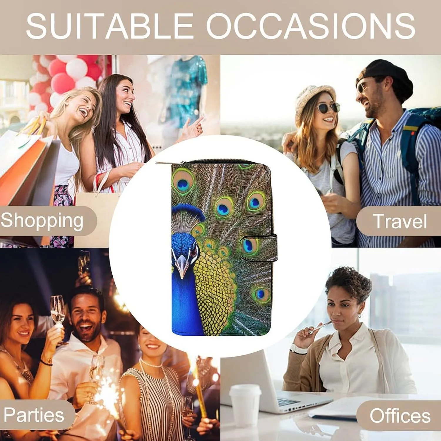 Compact Leather Wallet Organizer with 12 Card Pockets, Large Capacity Wallets, Peacock Feather Portable Multi-Functional Wallet for Daily Use