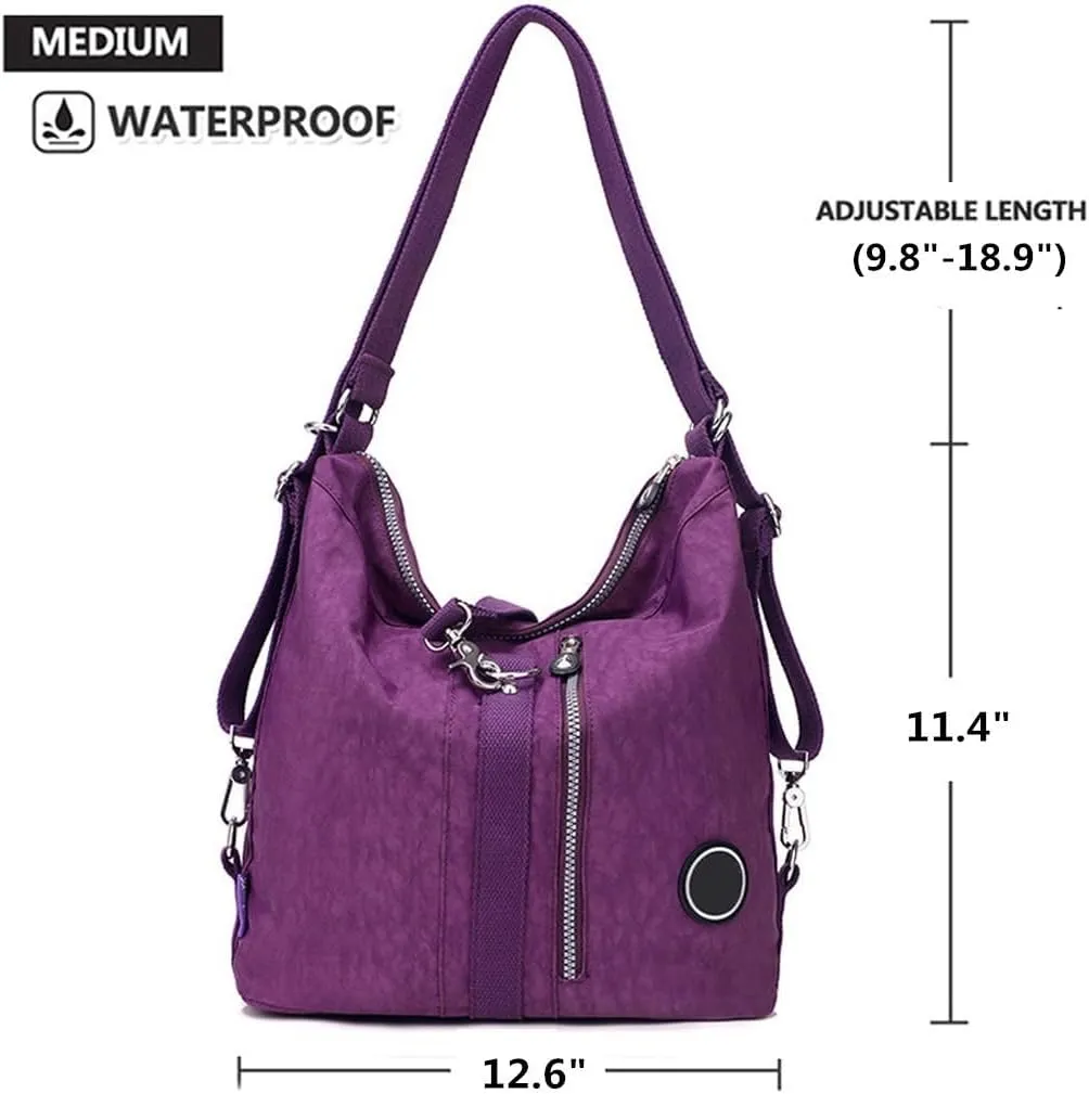 Convertible Backpack for Women Fashion Shoulder Handbag Purses Waterproof Nylon Crossbody Bag (Purple)