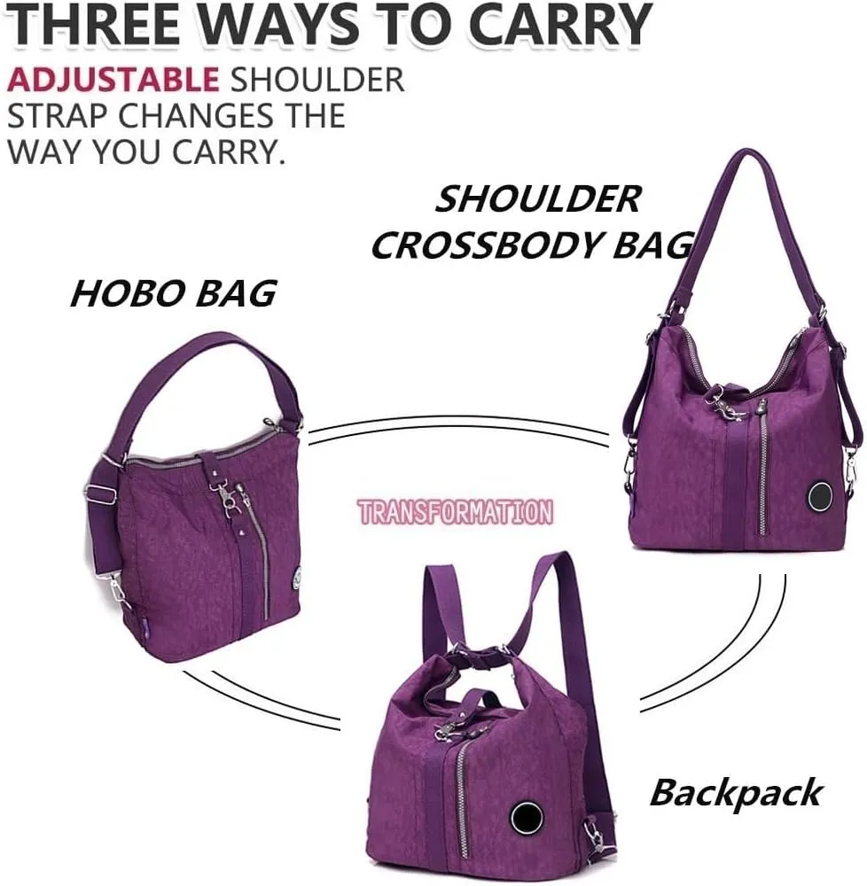 Convertible Backpack for Women Fashion Shoulder Handbag Purses Waterproof Nylon Crossbody Bag (Purple)