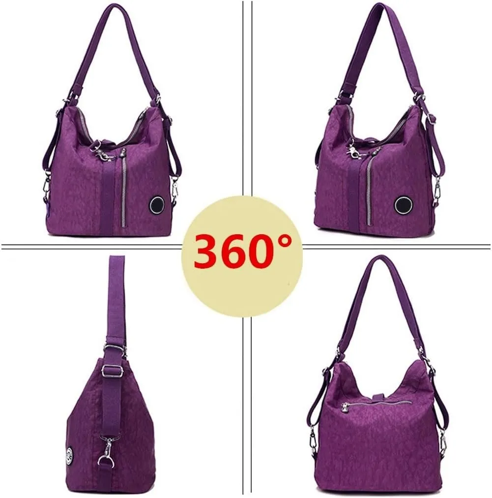 Convertible Backpack for Women Fashion Shoulder Handbag Purses Waterproof Nylon Crossbody Bag (Purple)