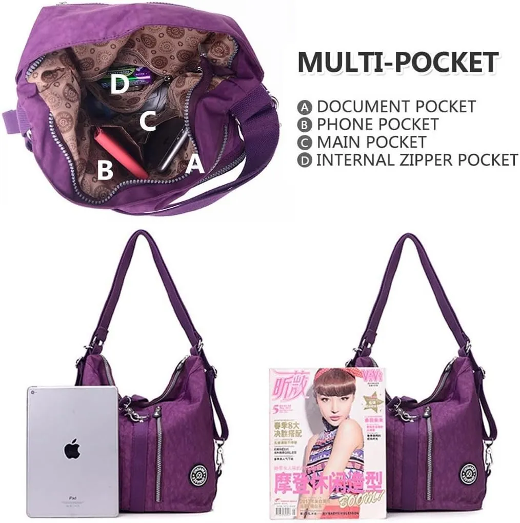 Convertible Backpack for Women Fashion Shoulder Handbag Purses Waterproof Nylon Crossbody Bag (Purple)