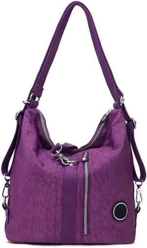 Convertible Backpack for Women Fashion Shoulder Handbag Purses Waterproof Nylon Crossbody Bag (Purple)