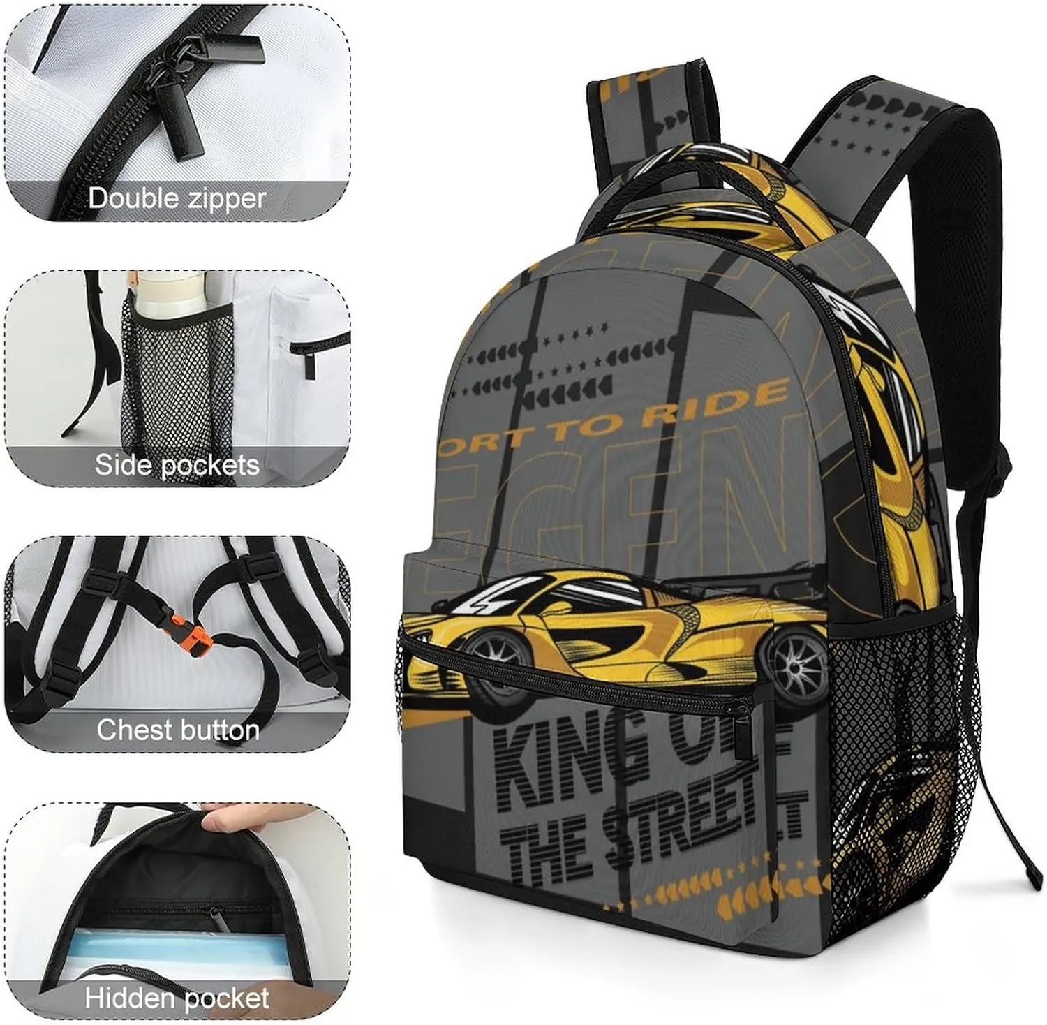 Cool Speed Race Car Backpack Roadster Large computer Bags with Chest Strap,Lightweight Casual Daypack for Women Men Hiking Travel Work and Business 16 Inch