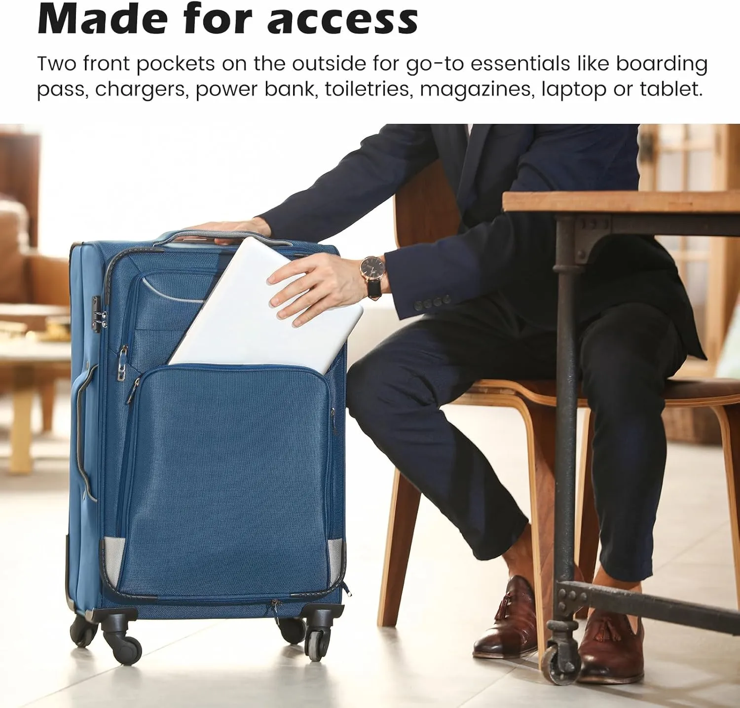 Coolife Luggage 4 Piece Set Suitcase TSA Lock Spinner Softshell lightweight(black blue)