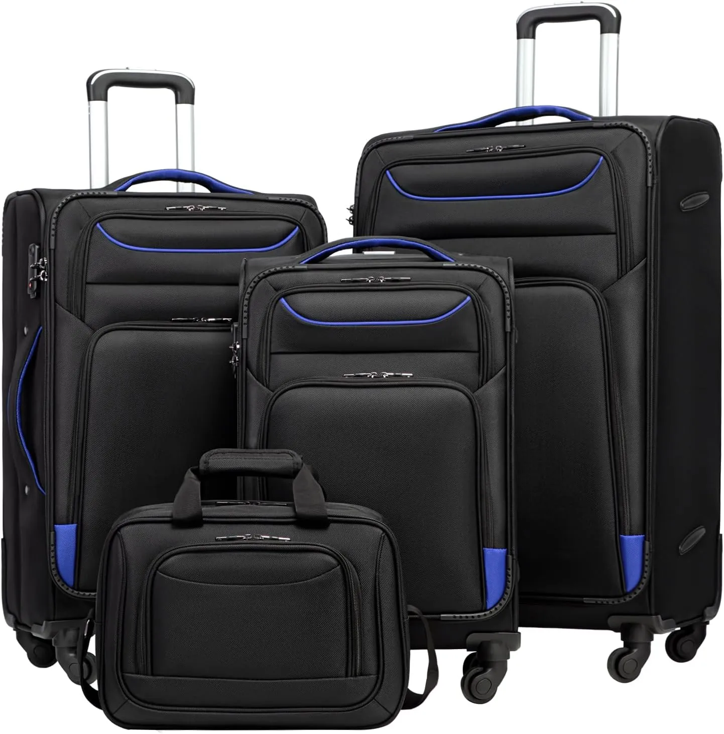 Coolife Luggage 4 Piece Set Suitcase TSA Lock Spinner Softshell lightweight(black blue)